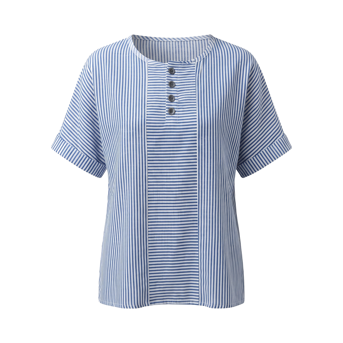 Striped button top in blue, front view