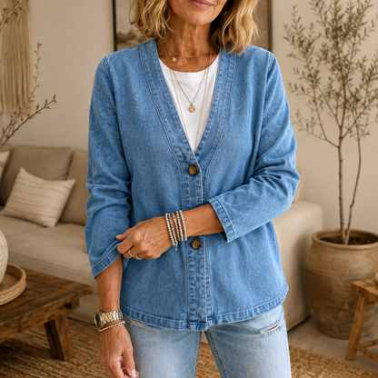 Drapella – Collarless Soft-Denim-Look Button-Down Cardigan