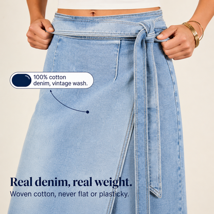 Tielane – Adjustable Tie-Waist Wrap Denim Midi Skirt