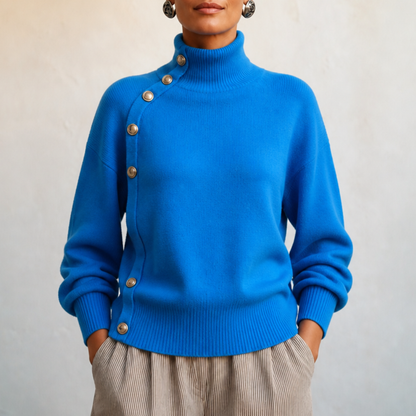 Asymvia – Asymmetric Gold-Tone Button Mock Neck Sweater