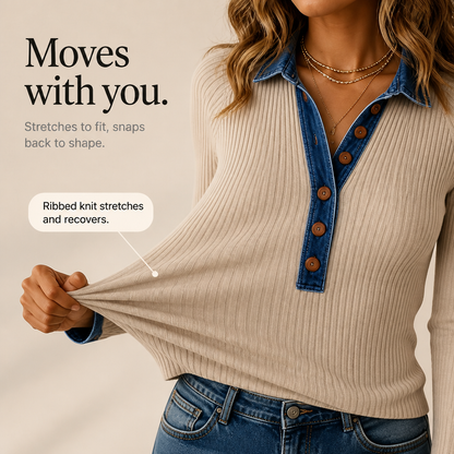 Denali Rowe – Denim-Look Collar Ribbed Knit Top