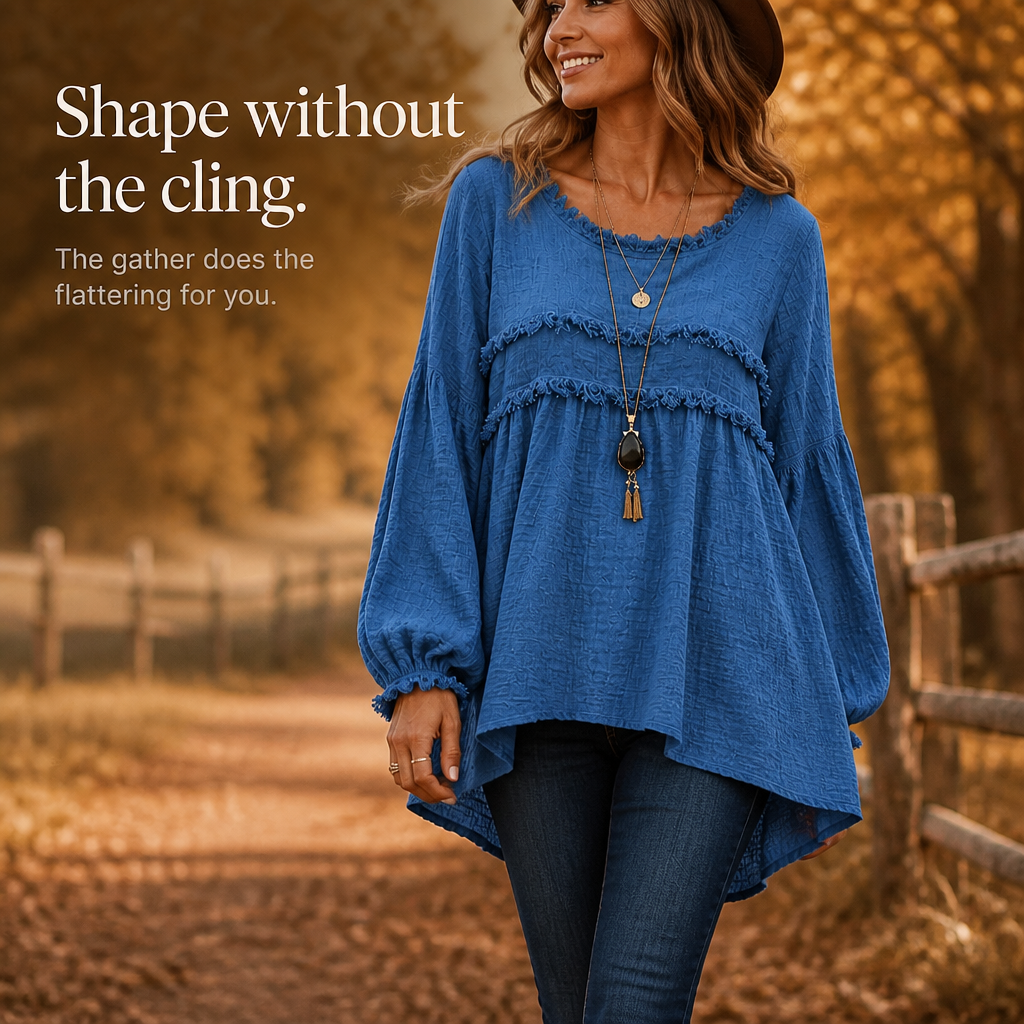 Fringella – Blusa boho con frange e maniche plissettate