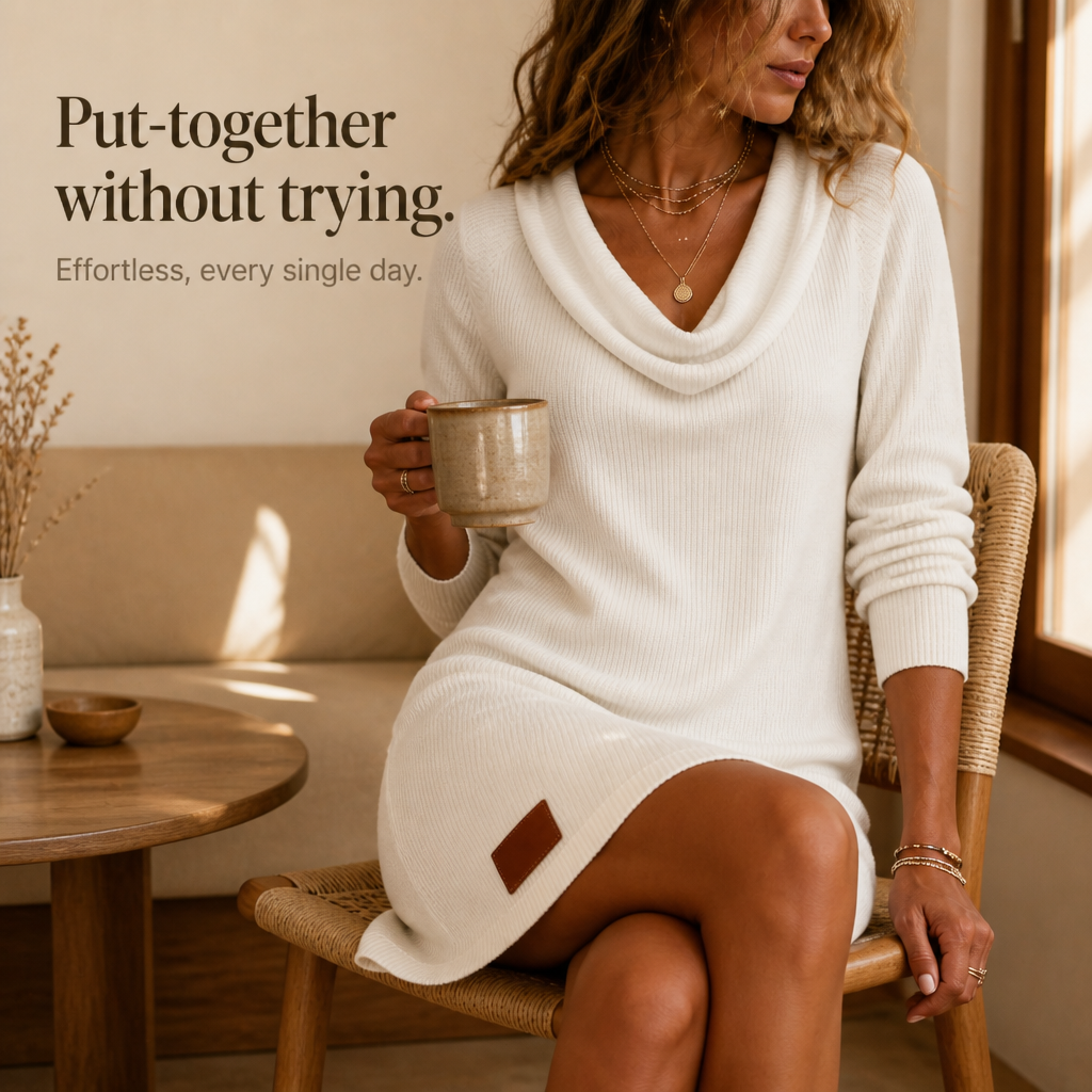 Cowlette – Cowl-Neck Ribbed Knit Sweater Dress