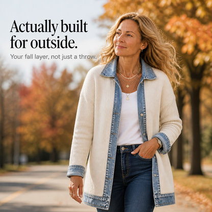 Ribova – Ribbed Knit Coat With Denim Panels