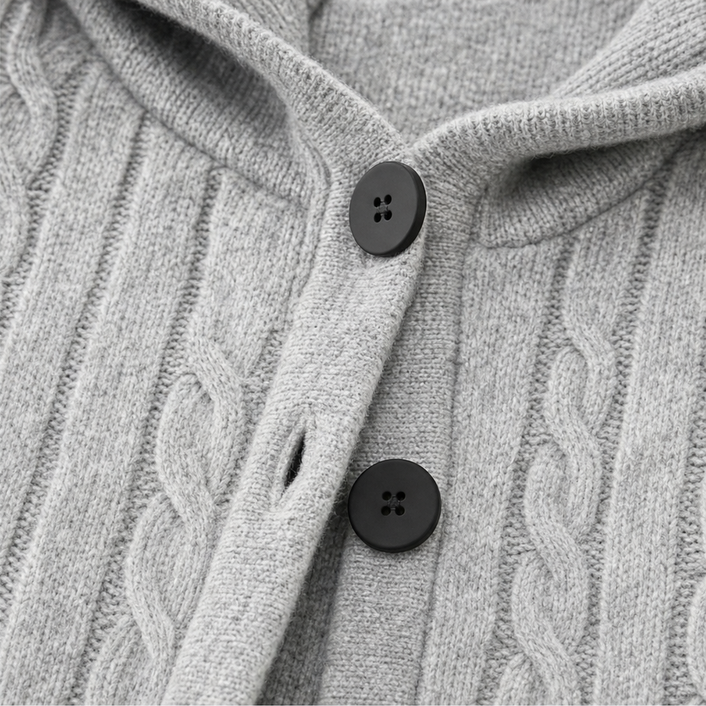Cablette – Strikket cardigan med hætte og snoninger