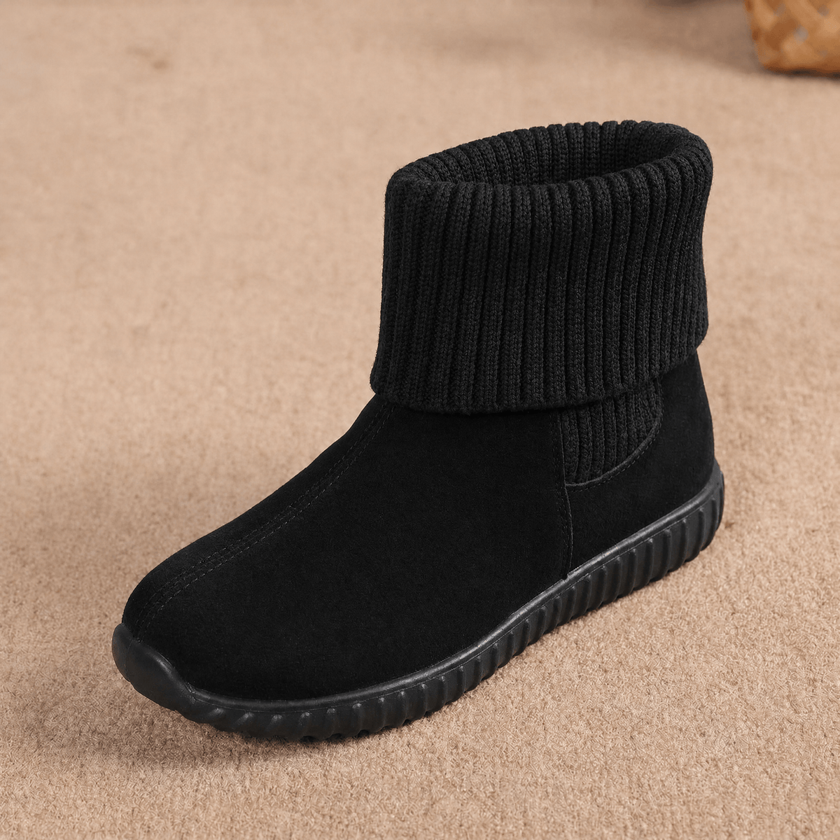 Cozella – Women's Knit Cuff Suede Ankle Booties Black / 4.5