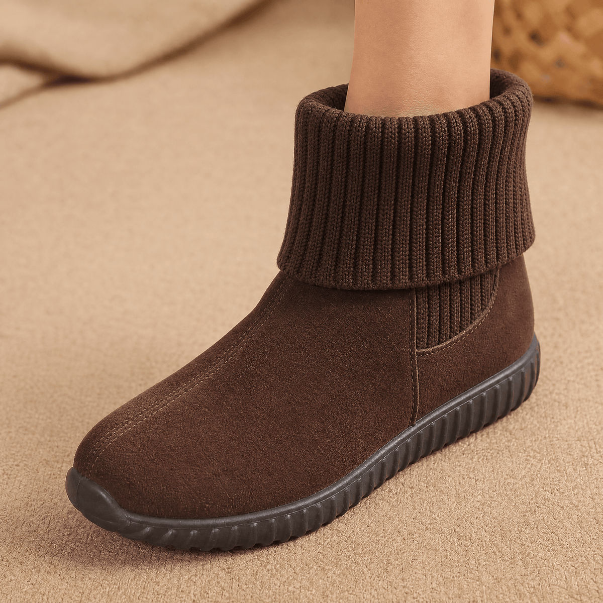 Cozella – Women's Knit Cuff Suede Ankle Booties Brown / 4.5