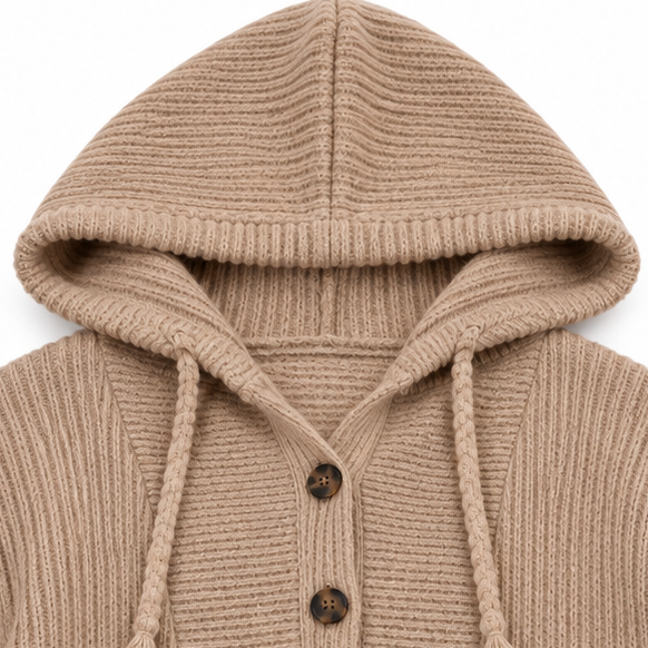 Hoodessa – Ribbed Knit Button-Neck Hoodie Sweater