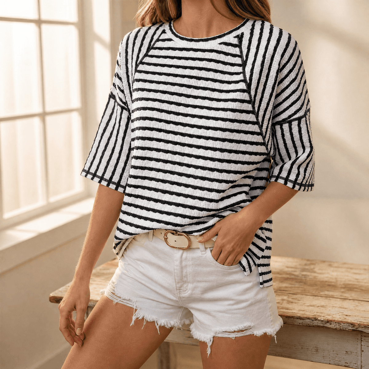 Elara – Women's textured stripe relaxed tee Black / S