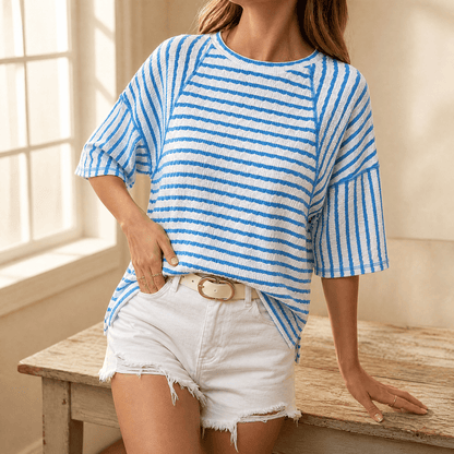 Elara – Women's textured stripe relaxed tee Blue / S