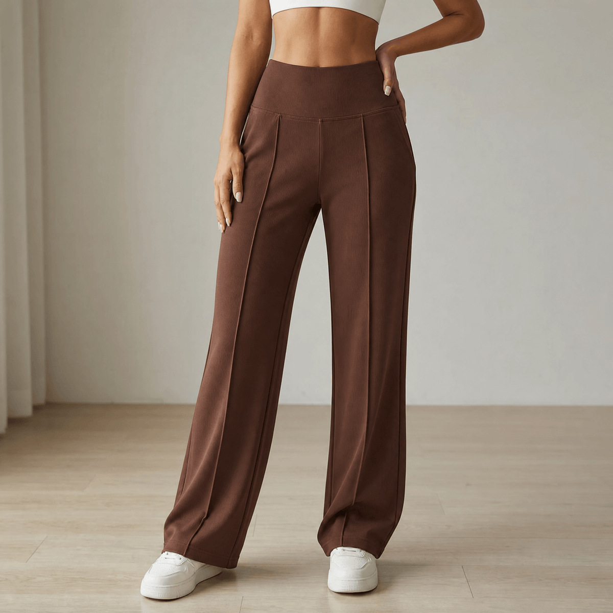 Elyra – Women's Wide Leg Yoga Pants with Crossover Waist Brown