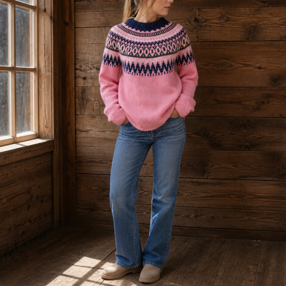 Wearlyn – Neule, jossa väripalakaarroke ja pudotettu olkasauma