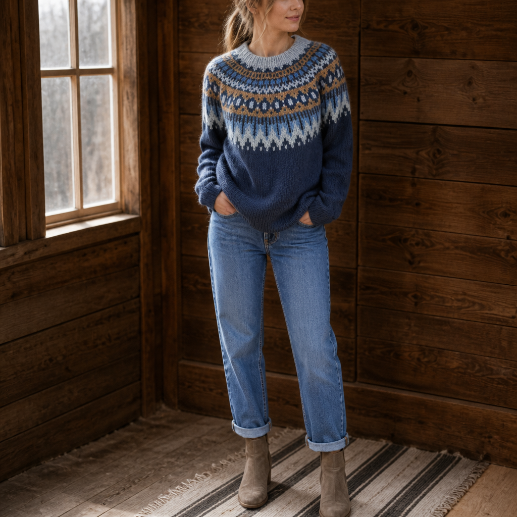 Wearlyn – Neule, jossa väripalakaarroke ja pudotettu olkasauma