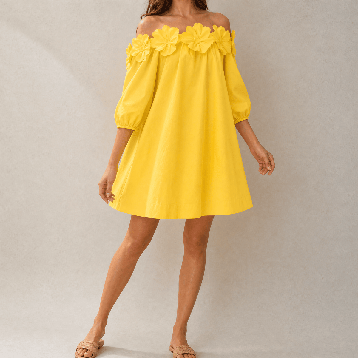 Florenza – Women's Sculpted Rose Off-Shoulder Dress sunshine yellow