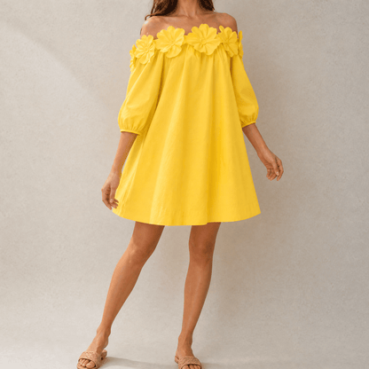 Florenza – Women's Sculpted Rose Off-Shoulder Dress sunshine yellow