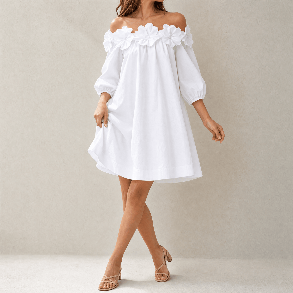 Florenza – Women's Sculpted Rose Off-Shoulder Dress white