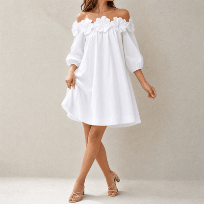 Florenza – Women's Sculpted Rose Off-Shoulder Dress white