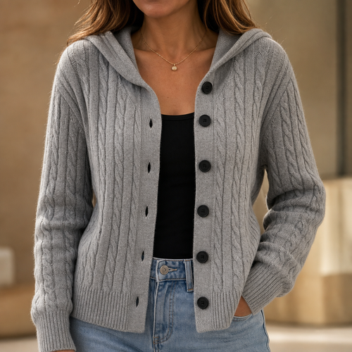 Cablette – Strikket cardigan med hætte og snoninger