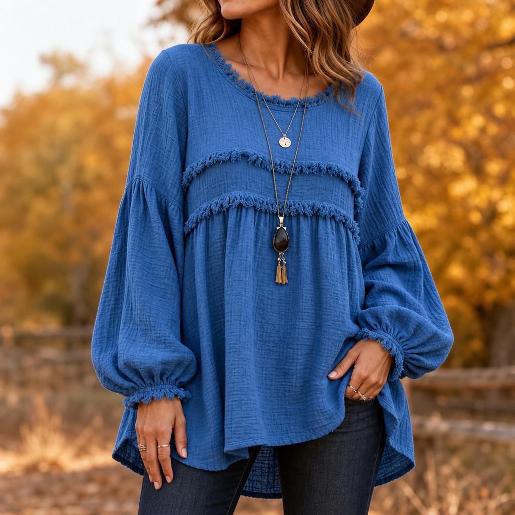 Fringella – Blusa boho con frange e maniche plissettate
