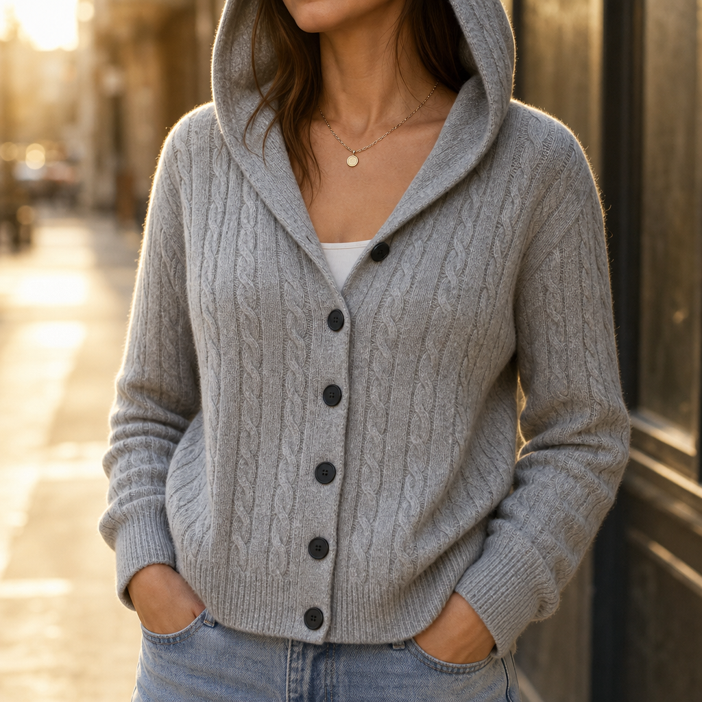 Cablette – Strikket cardigan med hætte og snoninger