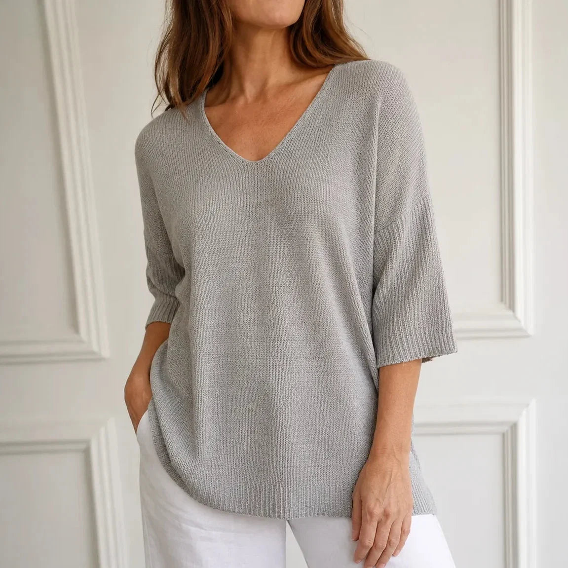Elowyn – Soft V-Neck Knit Tunic Top for Women, Loose Drape