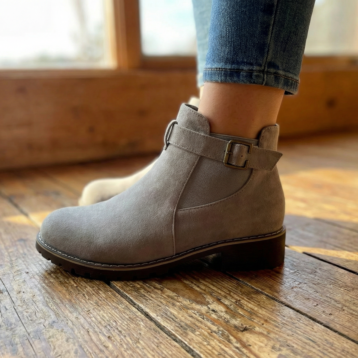 Stridella – Suede Look Buckle Ankle Booties