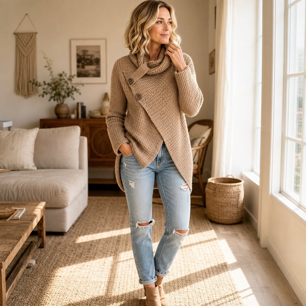 Snugella – Asymmetrischer Wasserfallpulli mit Seitenknöpfen