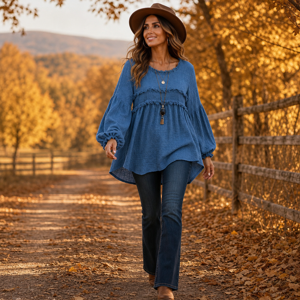 Fringella – Blusa boho con frange e maniche plissettate