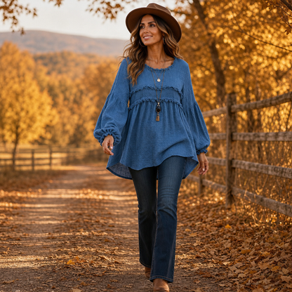 Fringella – Blusa boho con frange e maniche plissettate