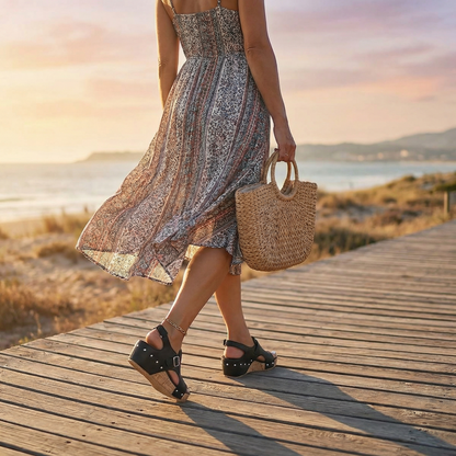 Solana – Retro Cork Wedge Sandals with Rivet Detail