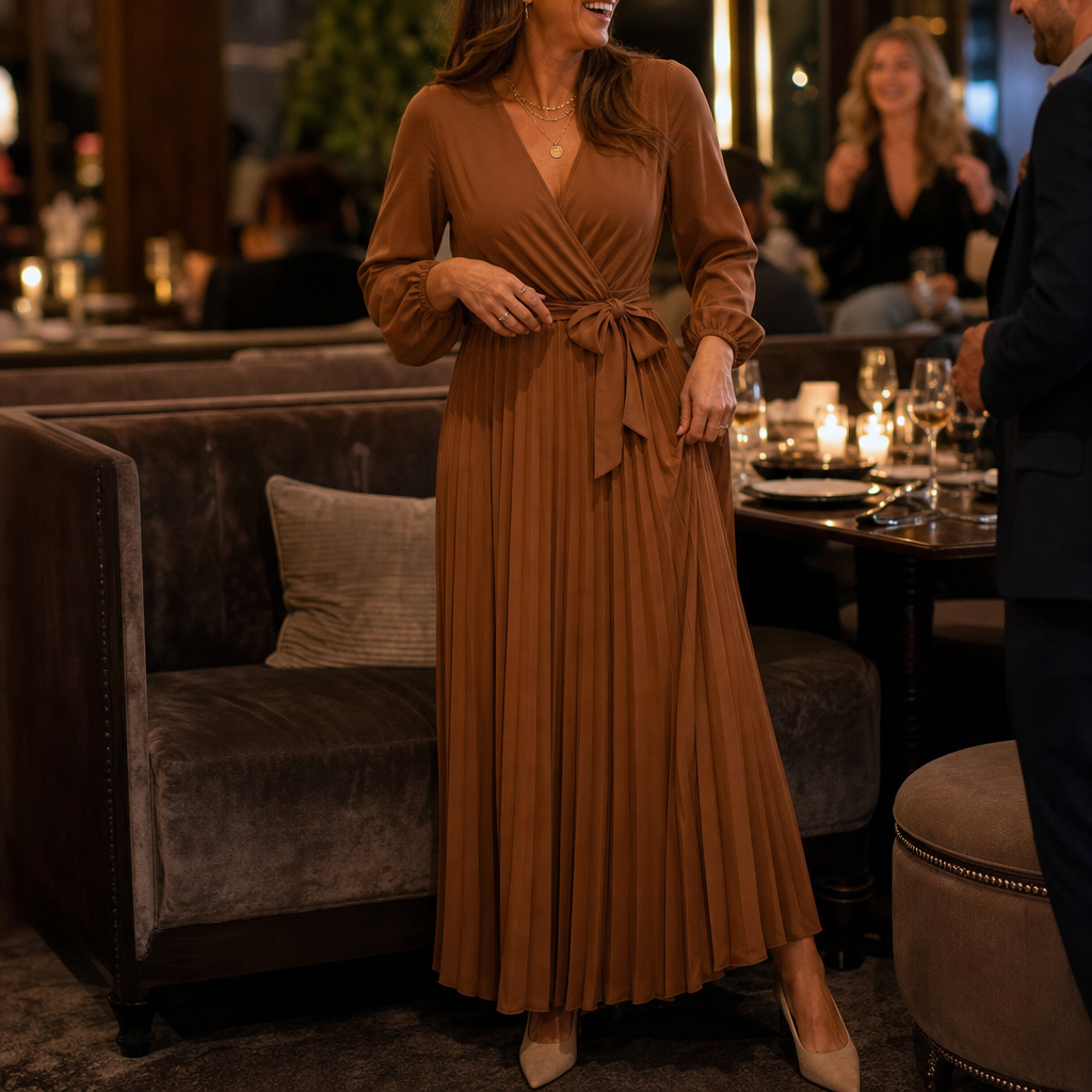 Pleatra – Pleated Wrap-Front High-Waist Maxi Dress