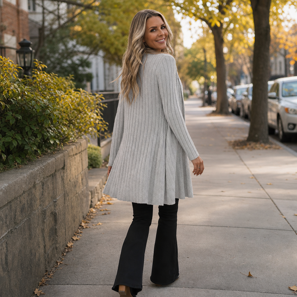 Fallira – Ribbed Open-Front Waterfall Cardigan