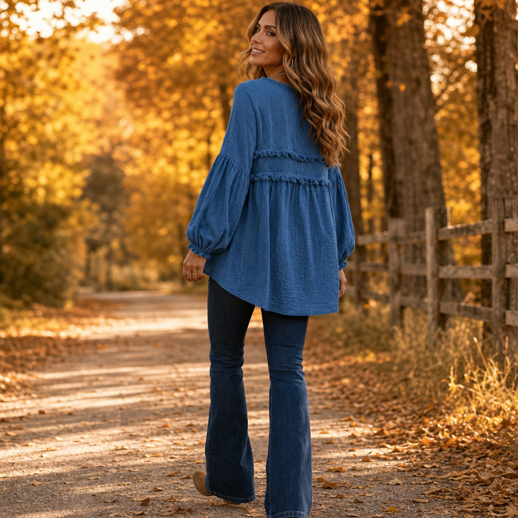 Fringella – Blusa boho con frange e maniche plissettate
