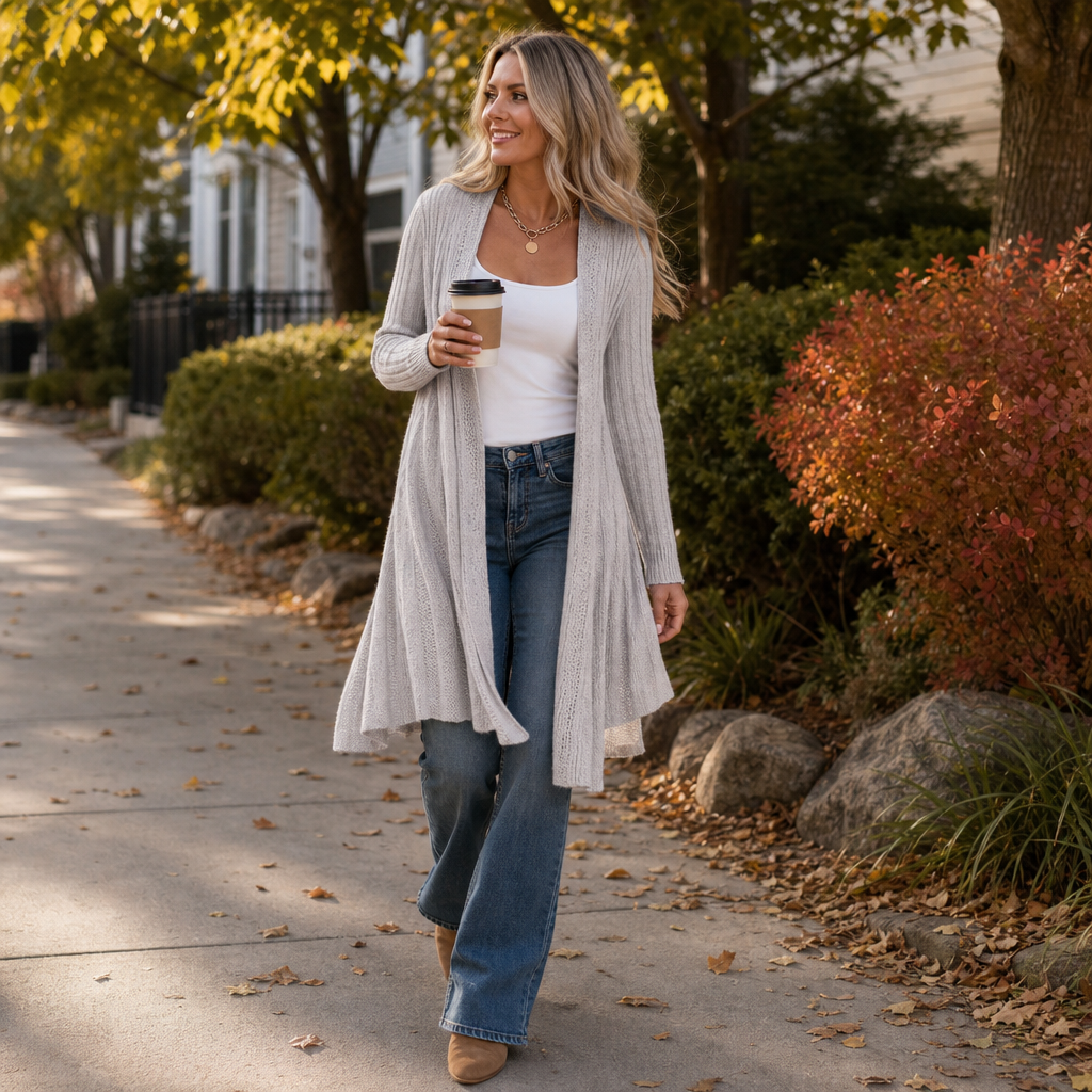 Fallira – Ribbed Open-Front Waterfall Cardigan