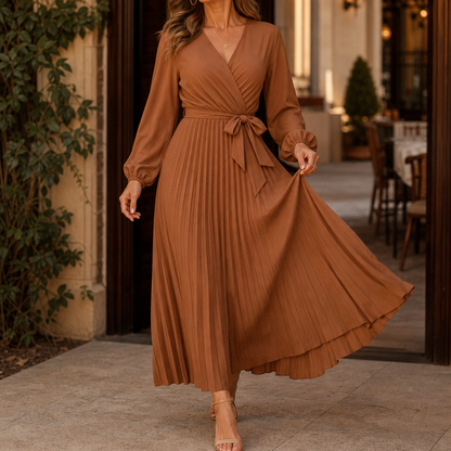 Pleatra – Pleated Wrap-Front High-Waist Maxi Dress