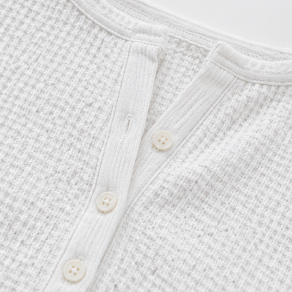 Loravia – Waffle Knit-look Henley Top with Button Placket, 3/4 Sleeve