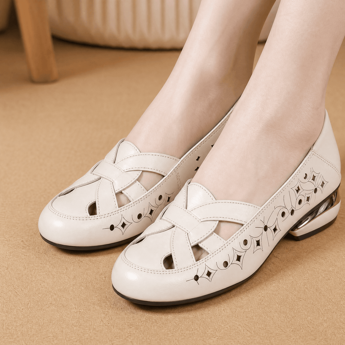 Lorella – Woven Cutout PU Slip-On Flat Soft Cream / 5