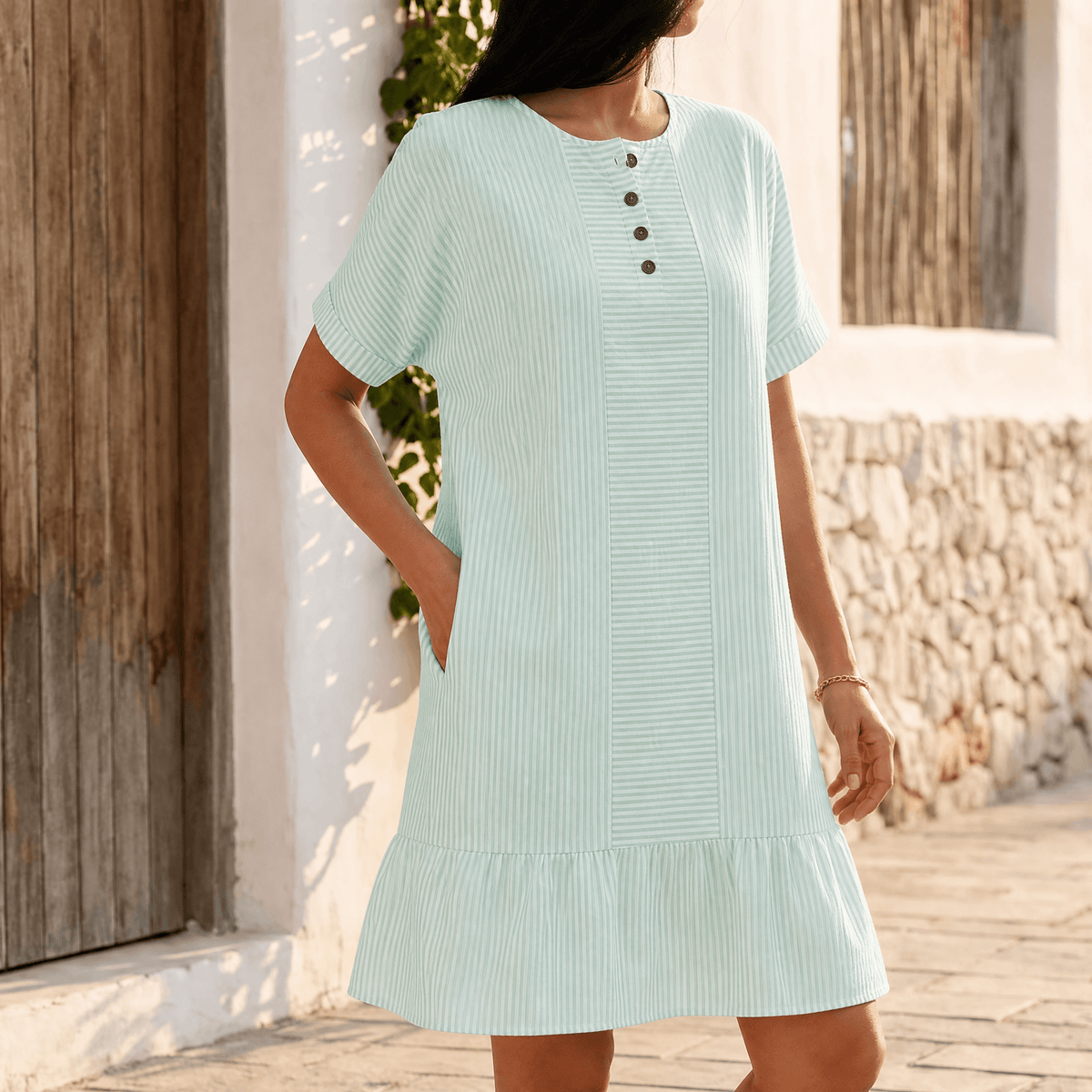 Lunavia – Women's Striped Button-Placket Mini Dress with Pockets mint