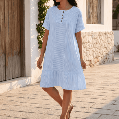 Lunavia – Women's Striped Button-Placket Mini Dress with Pockets sky blue