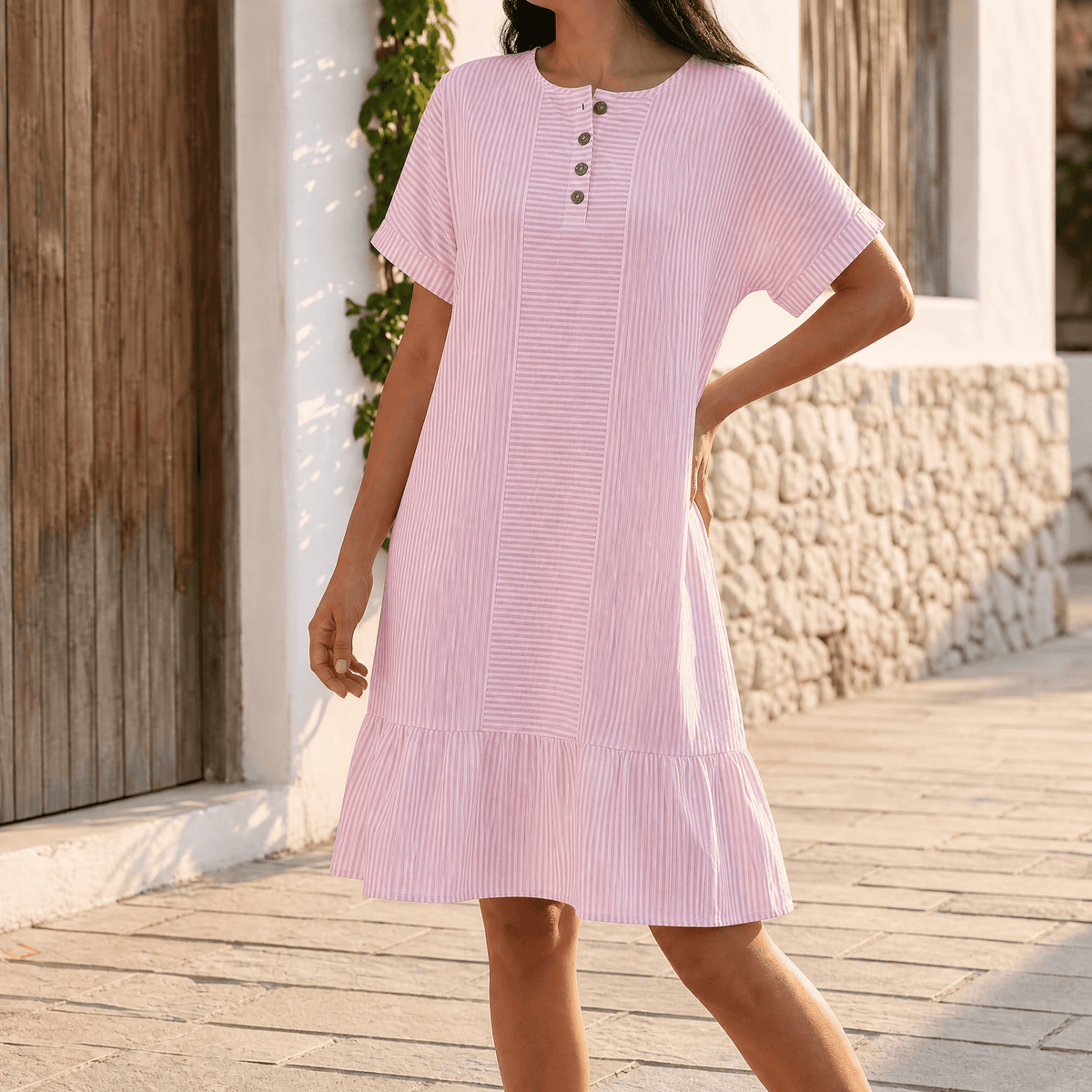 Lunavia – Women's Striped Button-Placket Mini Dress with Pockets soft pink