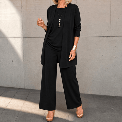 Maevelle – Women's Elegant 3-Piece Set with Drape Cardigan Black / S (4-6)