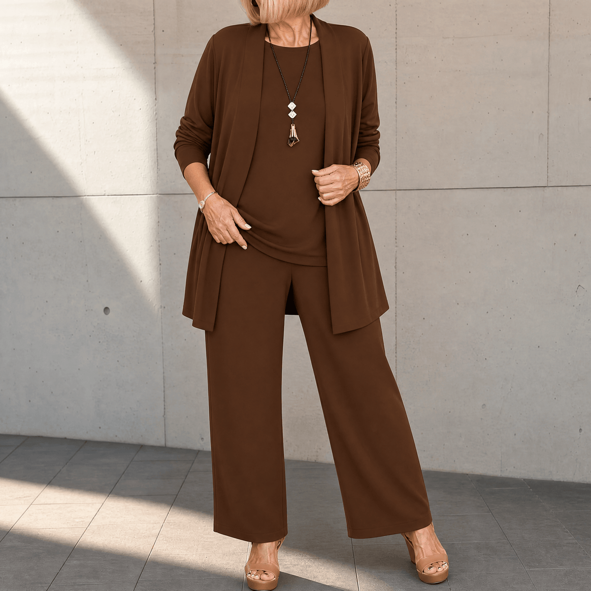 Maevelle – Women's Elegant 3-Piece Set with Drape Cardigan Chocolate Brown / S (4-6)