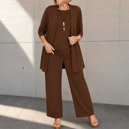 Maevelle – Women's Elegant 3-Piece Set with Drape Cardigan Chocolate Brown / S (4-6)