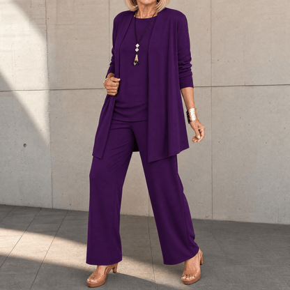 Maevelle – Women's Elegant 3-Piece Set with Drape Cardigan Purple Plum / S (4-6)
