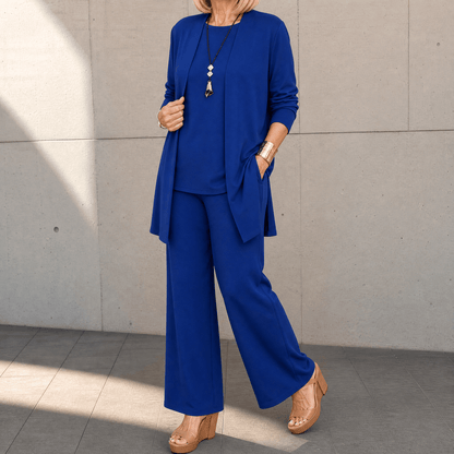Maevelle – Women's Elegant 3-Piece Set with Drape Cardigan Sapphire Blue / S (4-6)