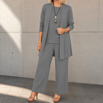 Maevelle – Women's Elegant 3-Piece Set with Drape Cardigan Slate Grey / S (4-6)