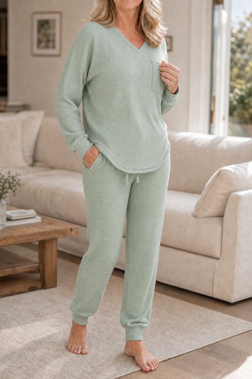 Wafflyn – Waffle-Knit-Look V-Neck Lounge Set