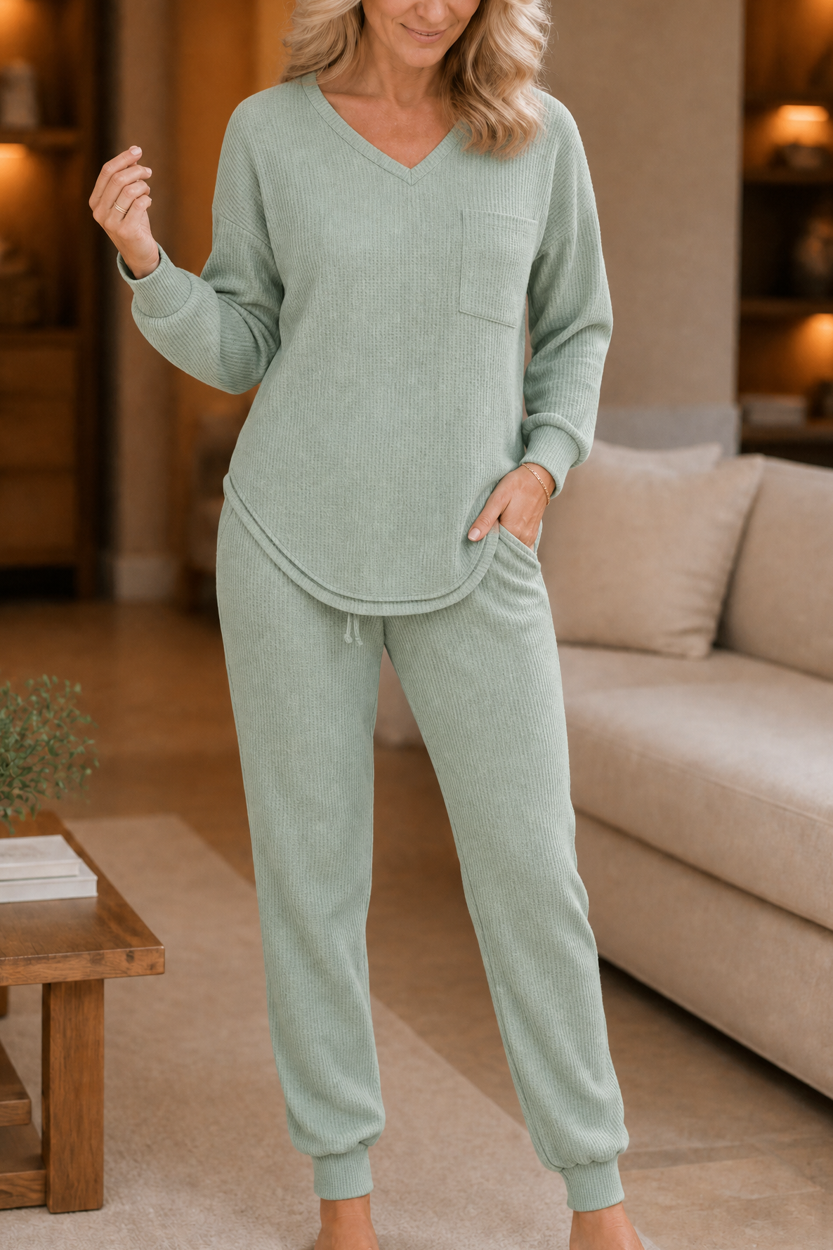 Wafflyn – Waffle-Knit-Look V-Neck Lounge Set