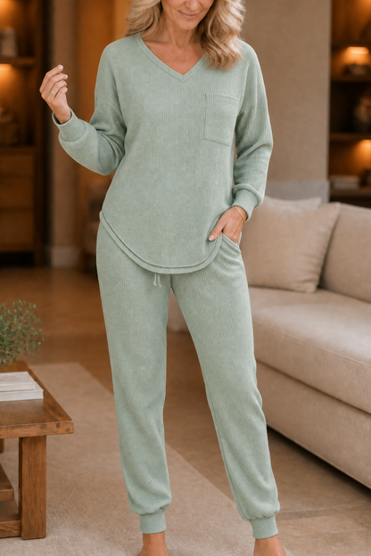 Wafflyn – Waffle-Knit-Look V-Neck Lounge Set