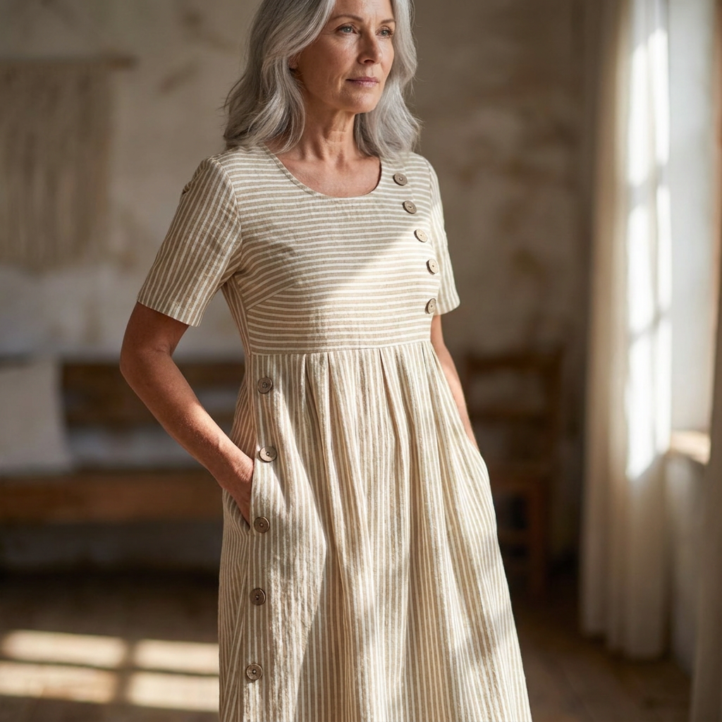 Striped midi dress in the Beige colorway